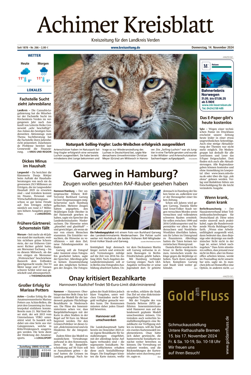 Achimer Kreisblatt vom Donnerstag, 14.11.2024