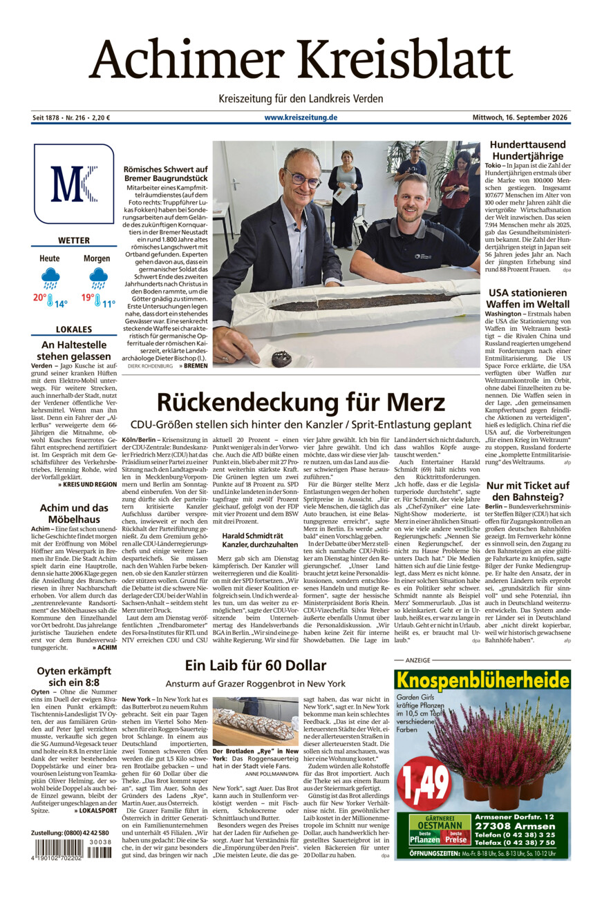 Achimer Kreisblatt vom Mittwoch, 16.09.2026