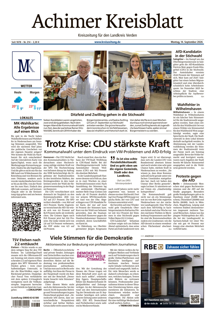 Achimer Kreisblatt vom Montag, 14.09.2026
