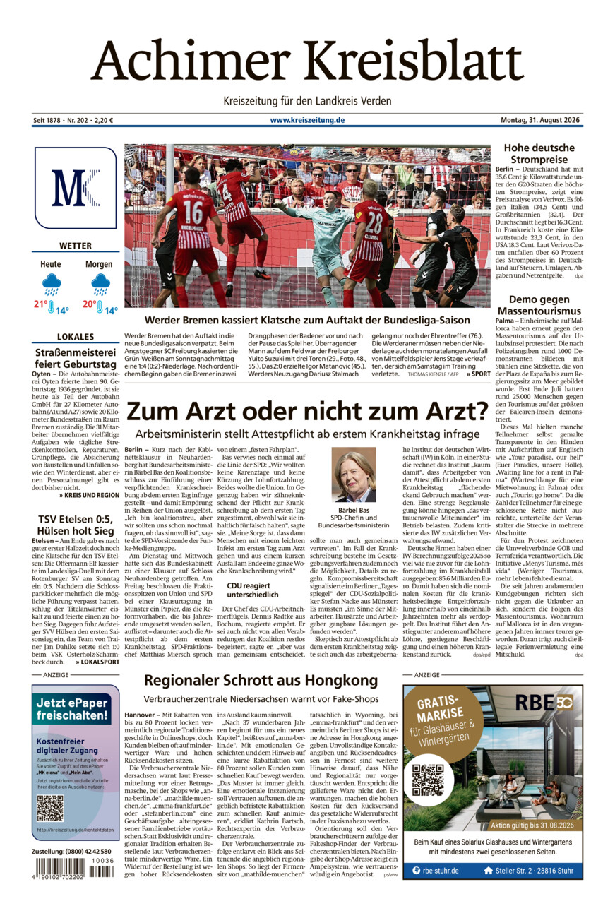 Achimer Kreisblatt vom Montag, 31.08.2026
