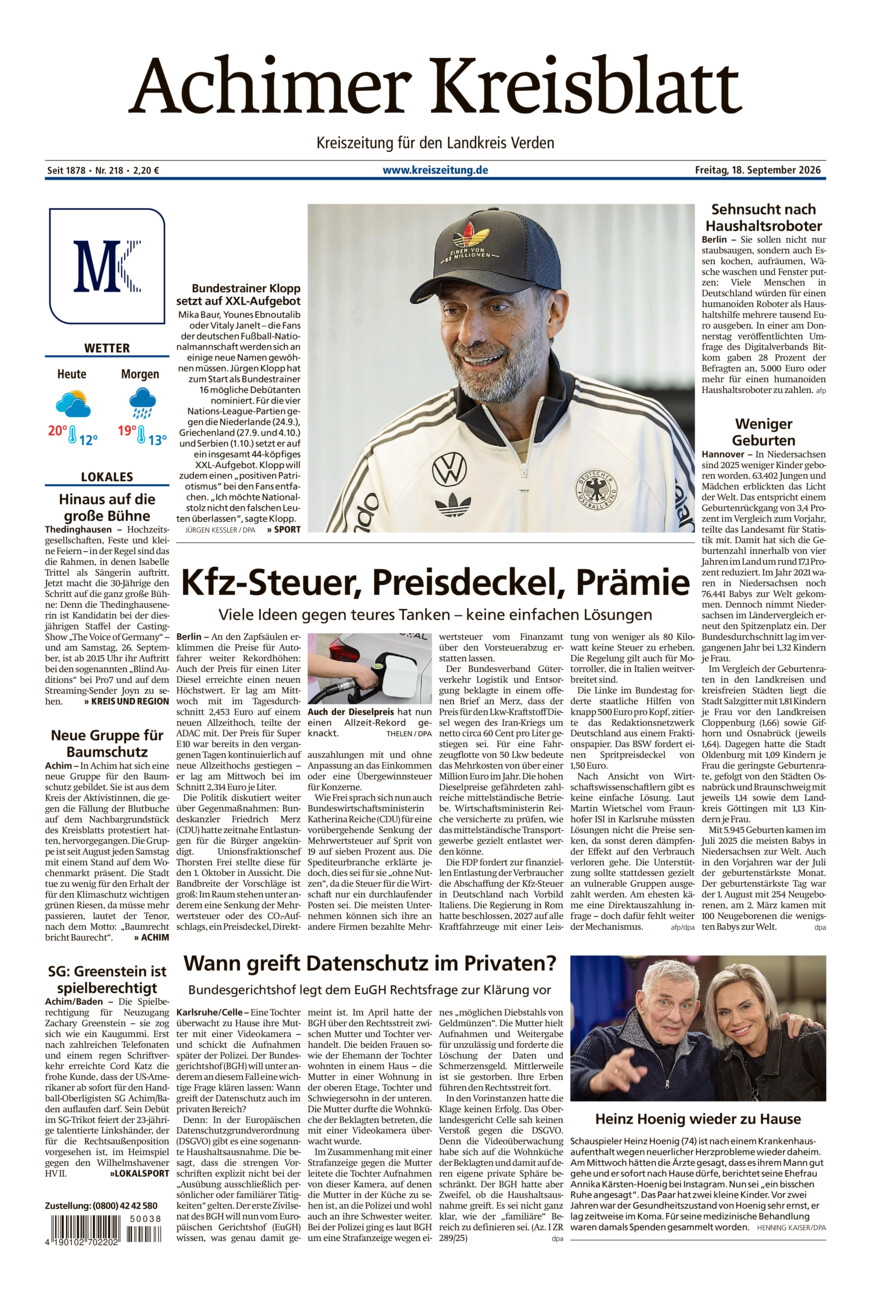 Achimer Kreisblatt vom Freitag, 18.09.2026