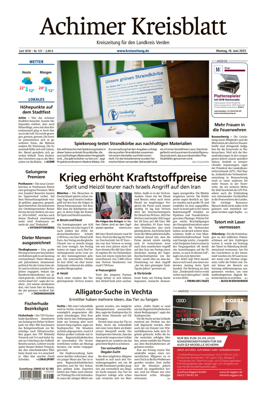 Achimer Kreisblatt vom Montag, 16.06.2025