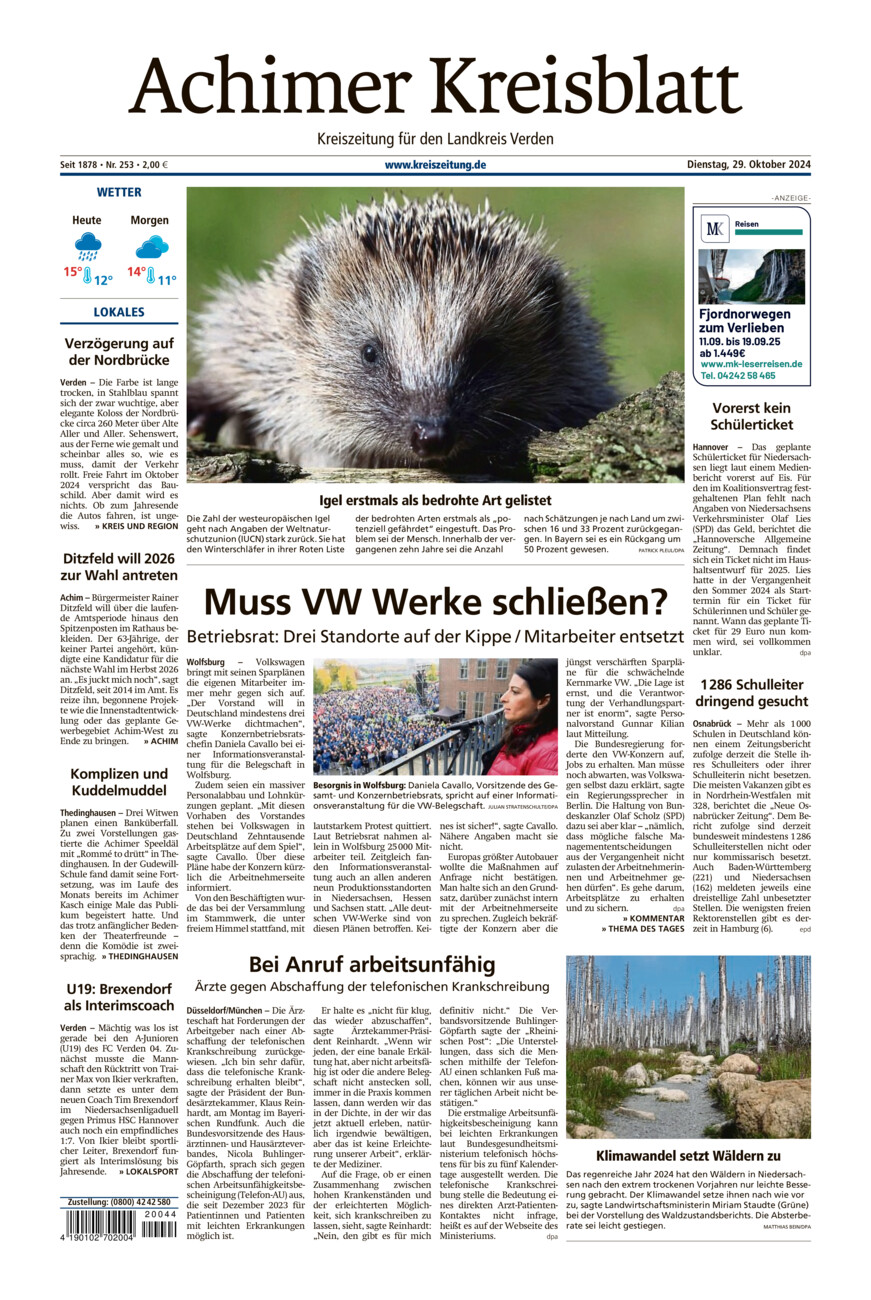 Achimer Kreisblatt vom Dienstag, 29.10.2024