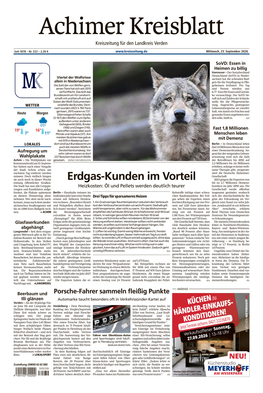 Achimer Kreisblatt vom Mittwoch, 23.09.2026