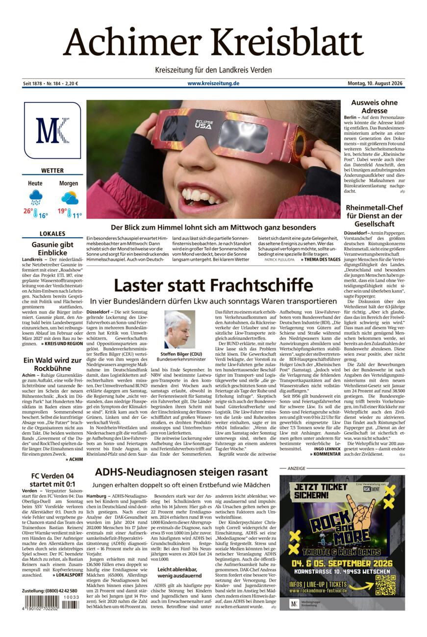 Achimer Kreisblatt vom Montag, 10.08.2026