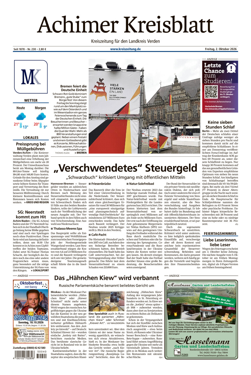 Achimer Kreisblatt vom Freitag, 02.10.2026