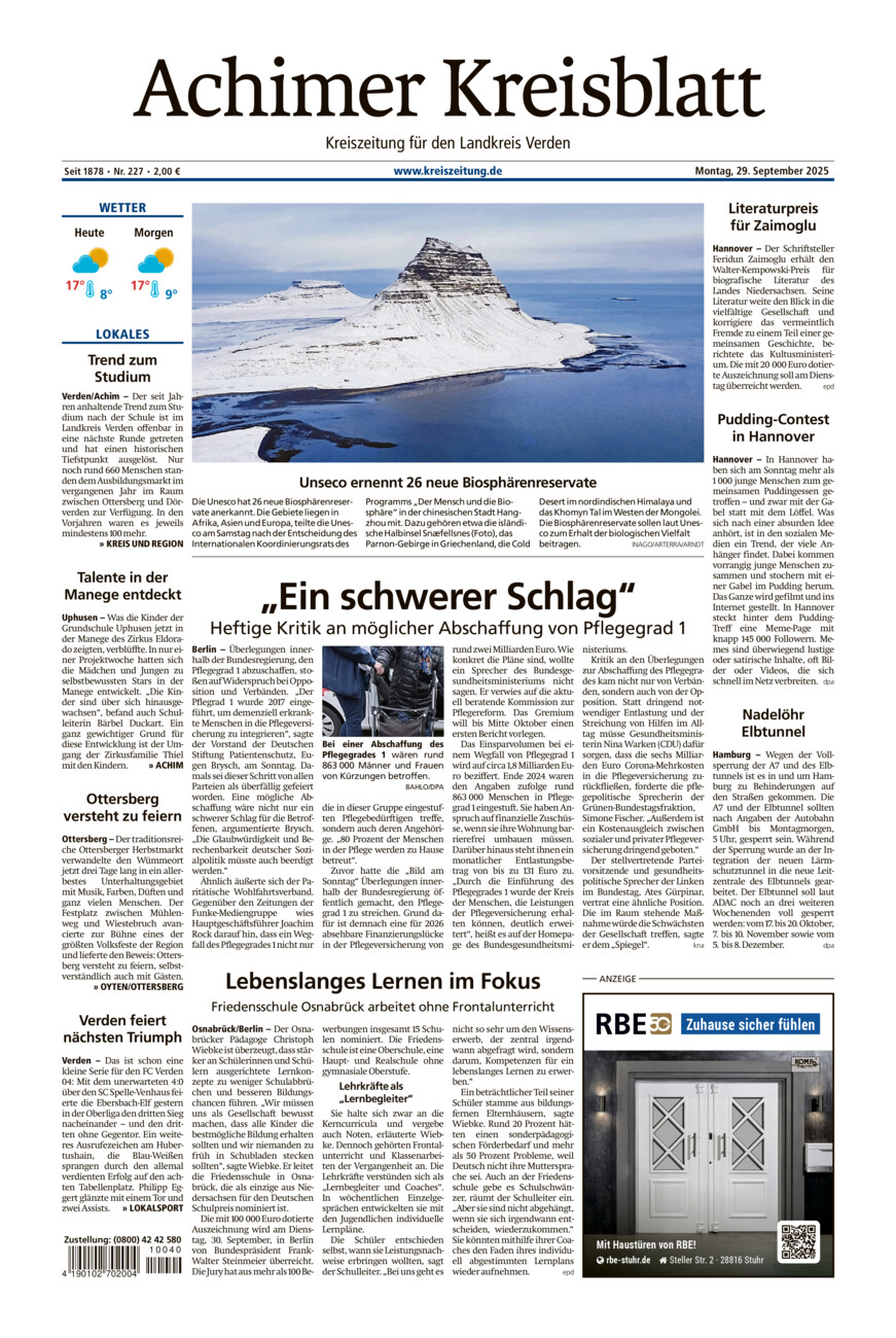 Achimer Kreisblatt vom Montag, 29.09.2025