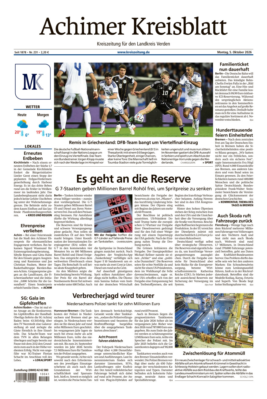 Achimer Kreisblatt vom Montag, 05.10.2026