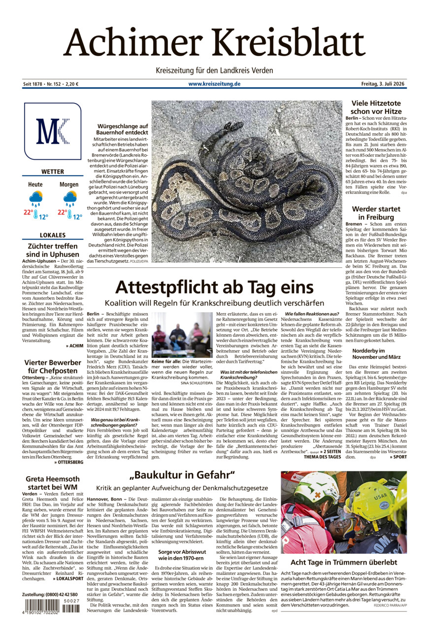 Achimer Kreisblatt vom Freitag, 03.07.2026
