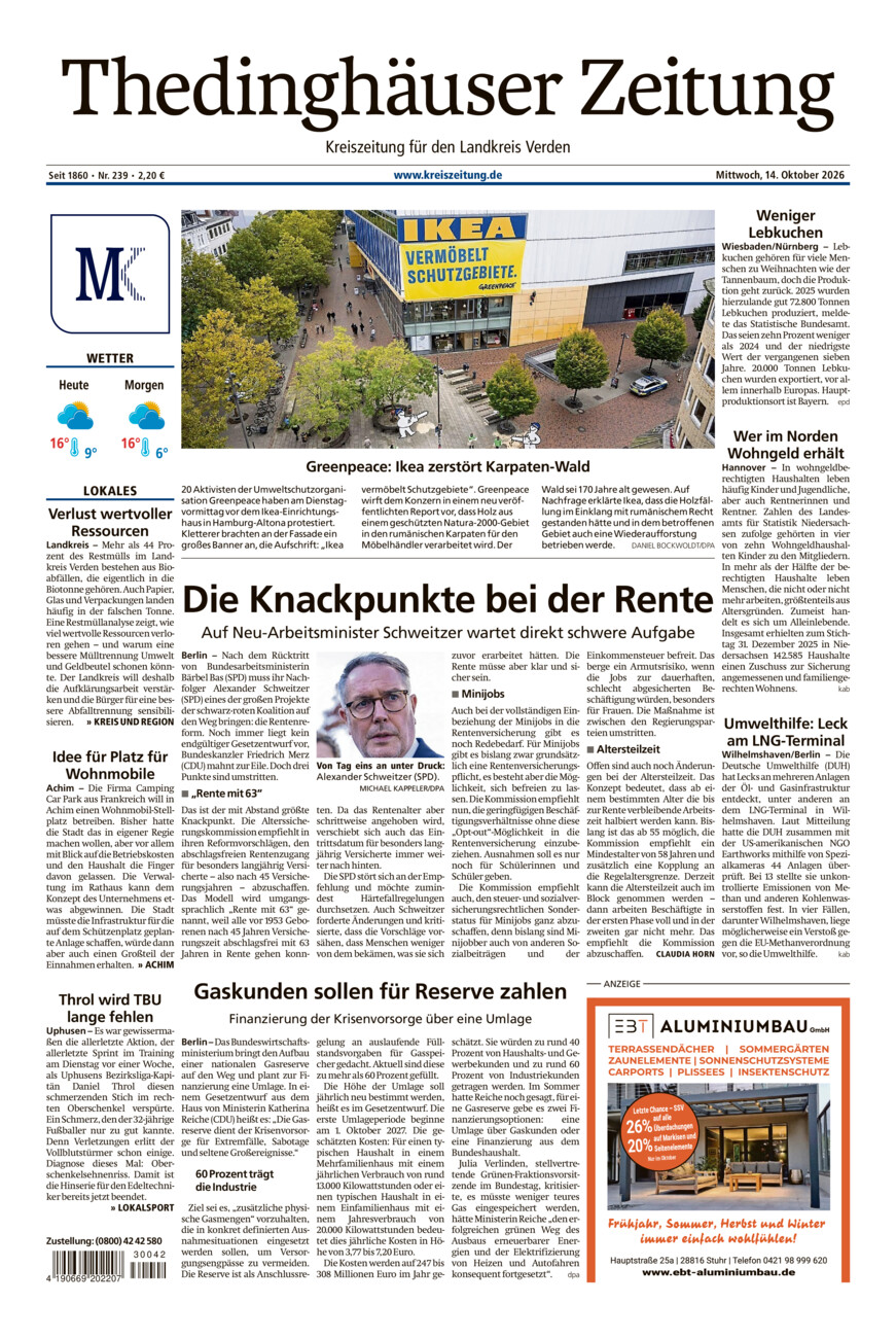 Thedinghäuser Zeitung vom Mittwoch, 14.10.2026