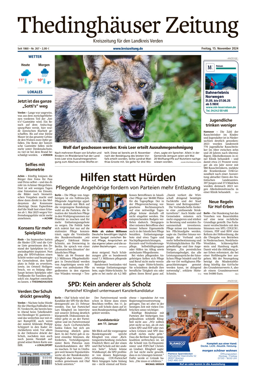 Thedinghäuser Zeitung vom Freitag, 15.11.2024