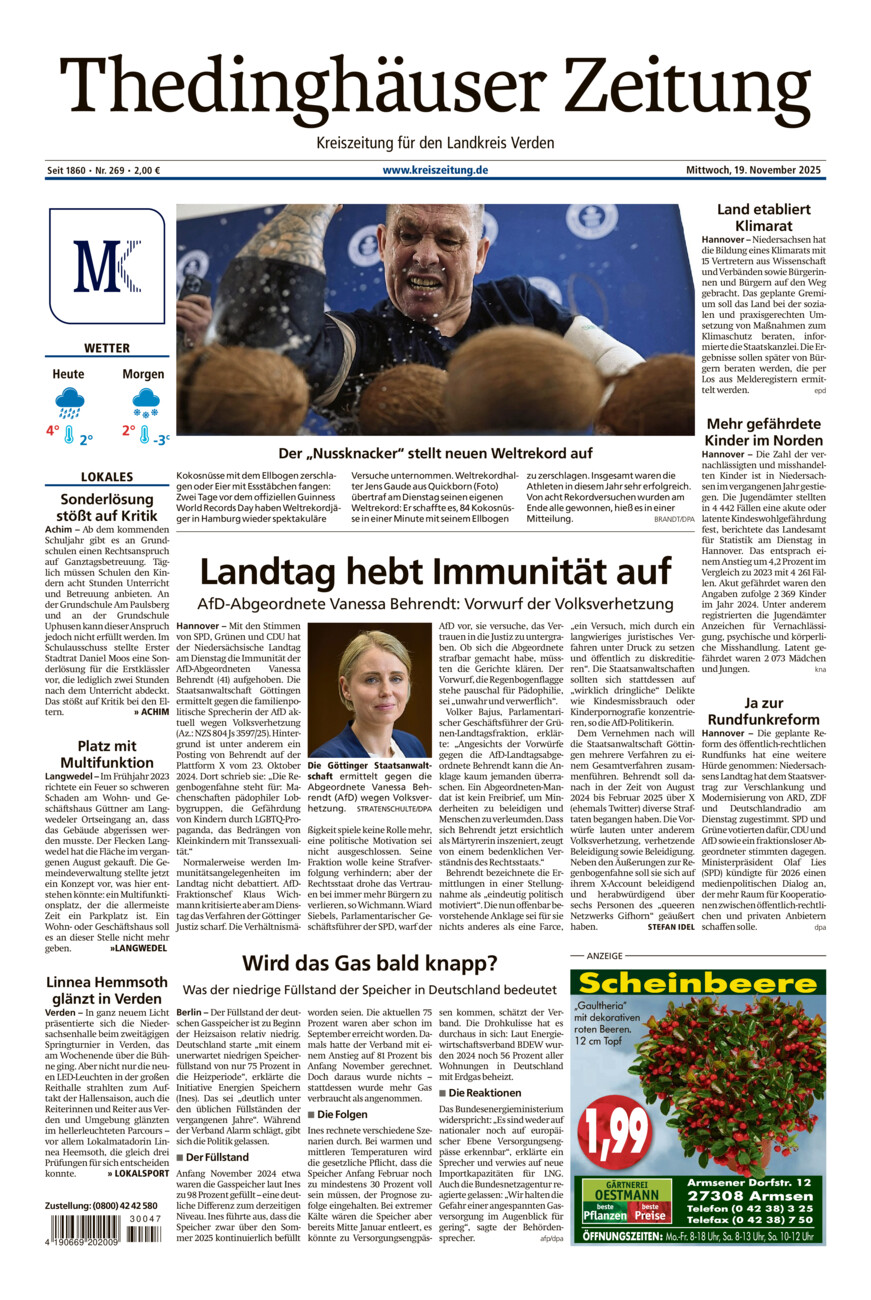Thedinghäuser Zeitung vom Mittwoch, 19.11.2025