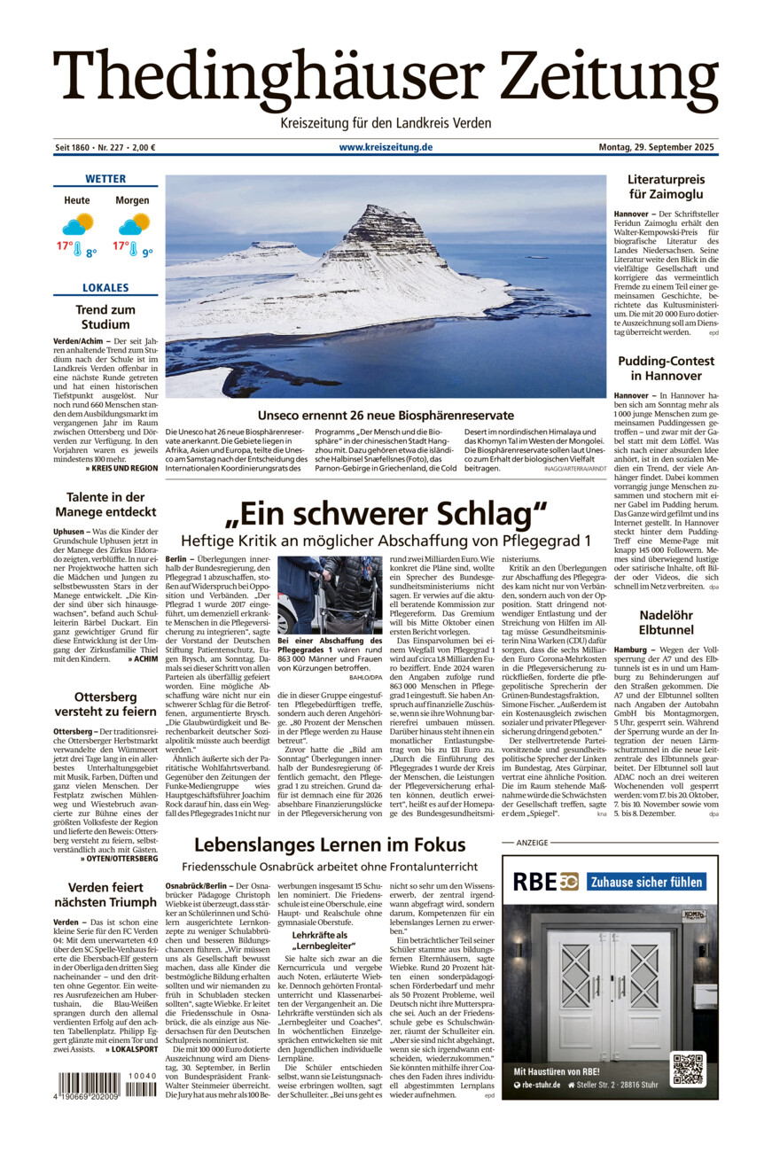 Thedinghäuser Zeitung vom Montag, 29.09.2025