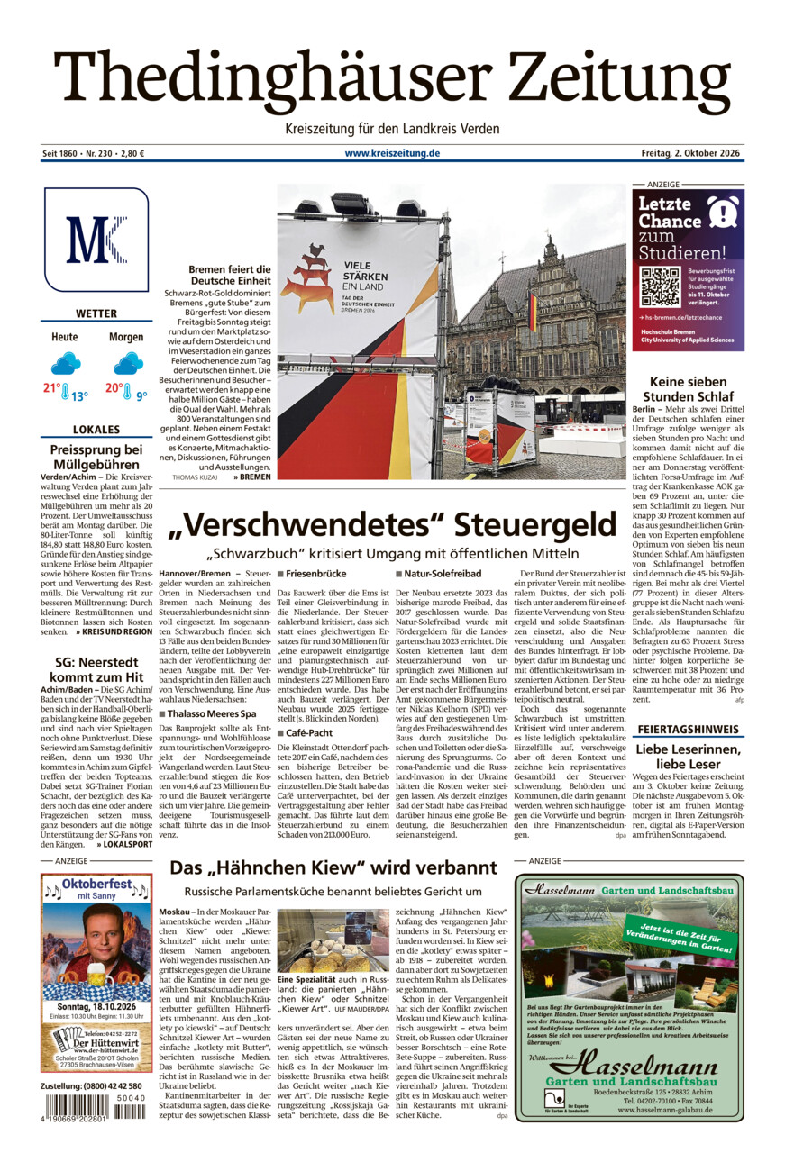 Thedinghäuser Zeitung vom Freitag, 02.10.2026