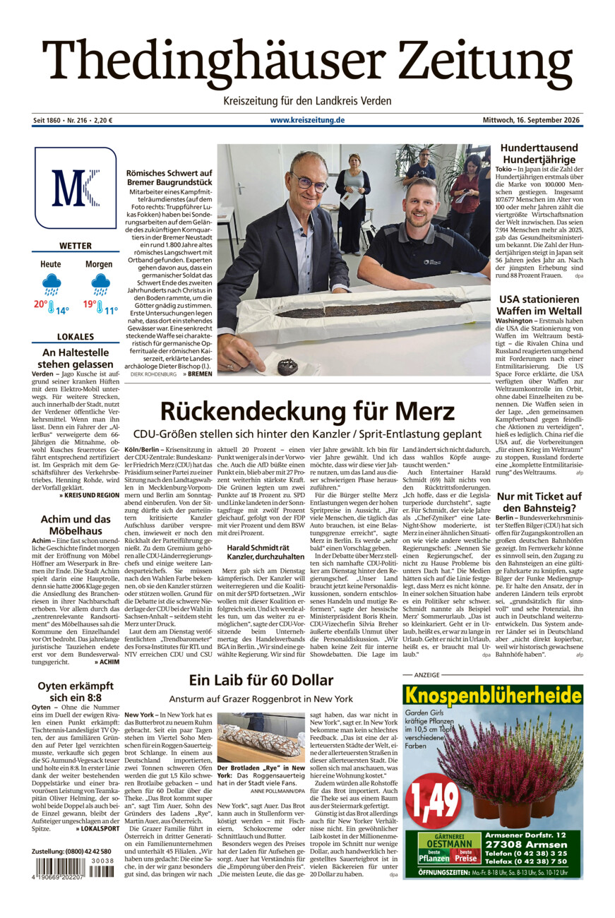 Thedinghäuser Zeitung vom Mittwoch, 16.09.2026