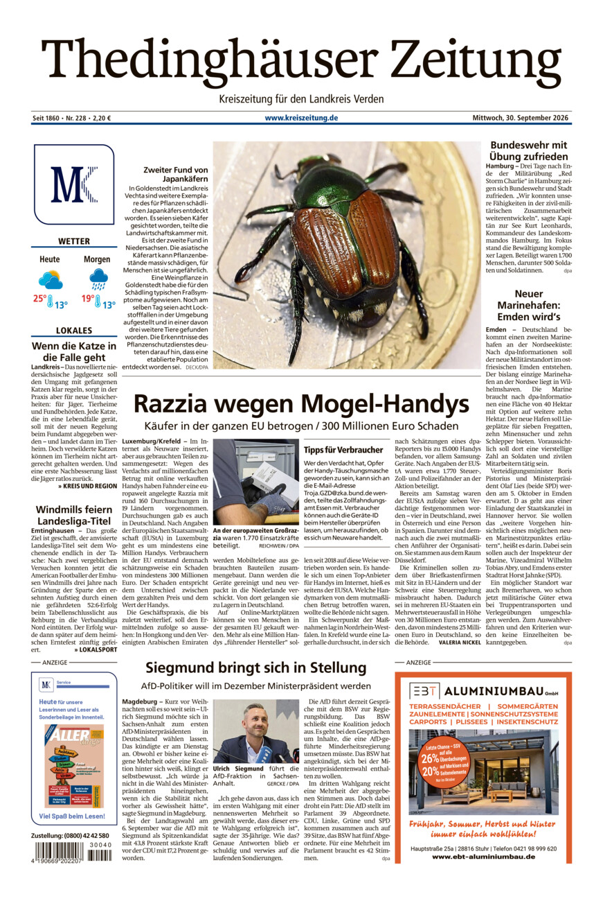 Thedinghäuser Zeitung vom Mittwoch, 30.09.2026