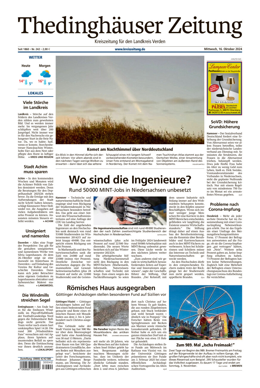 Thedinghäuser Zeitung vom Mittwoch, 16.10.2024