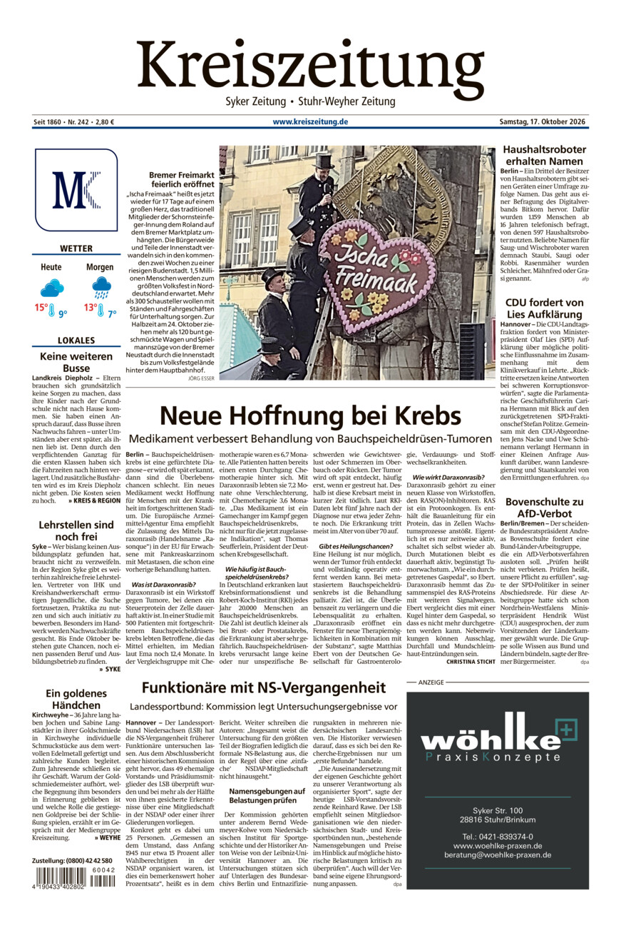 Kreiszeitung Syke/Weyhe/Stuhr vom Samstag, 17.10.2026
