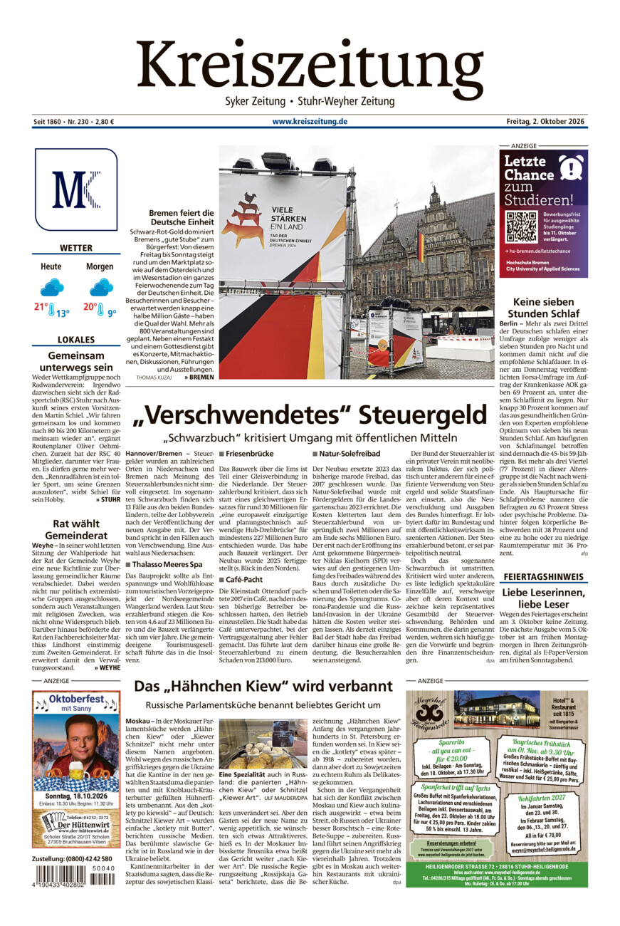 Kreiszeitung Syke/Weyhe/Stuhr vom Freitag, 02.10.2026