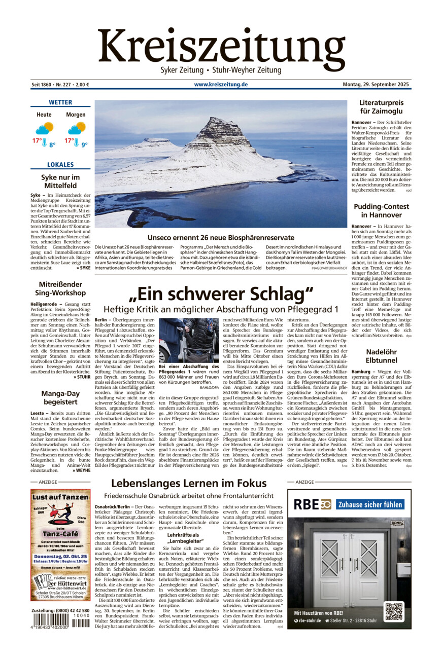 Kreiszeitung Syke/Weyhe/Stuhr vom Montag, 29.09.2025