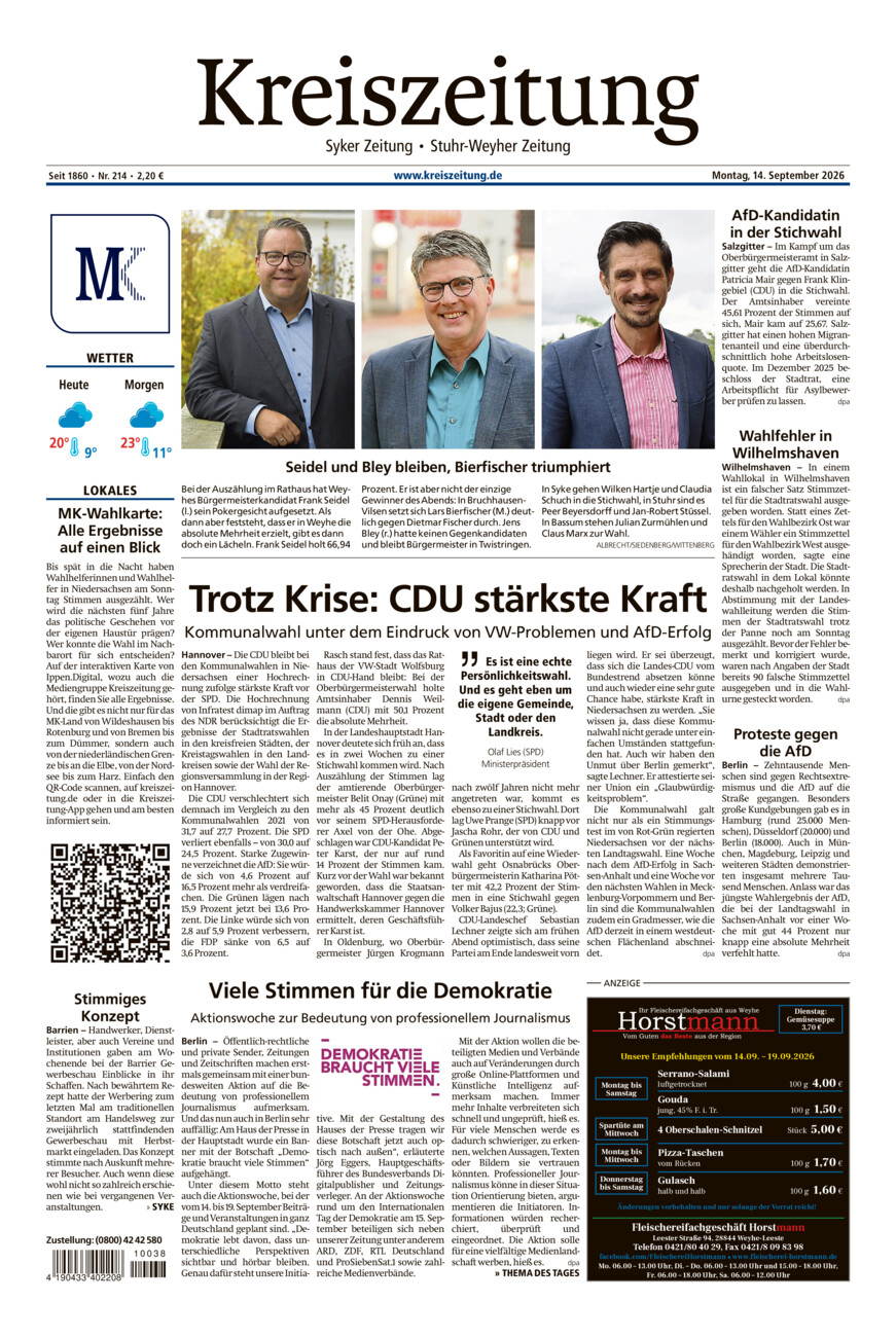 Kreiszeitung Syke/Weyhe/Stuhr vom Montag, 14.09.2026