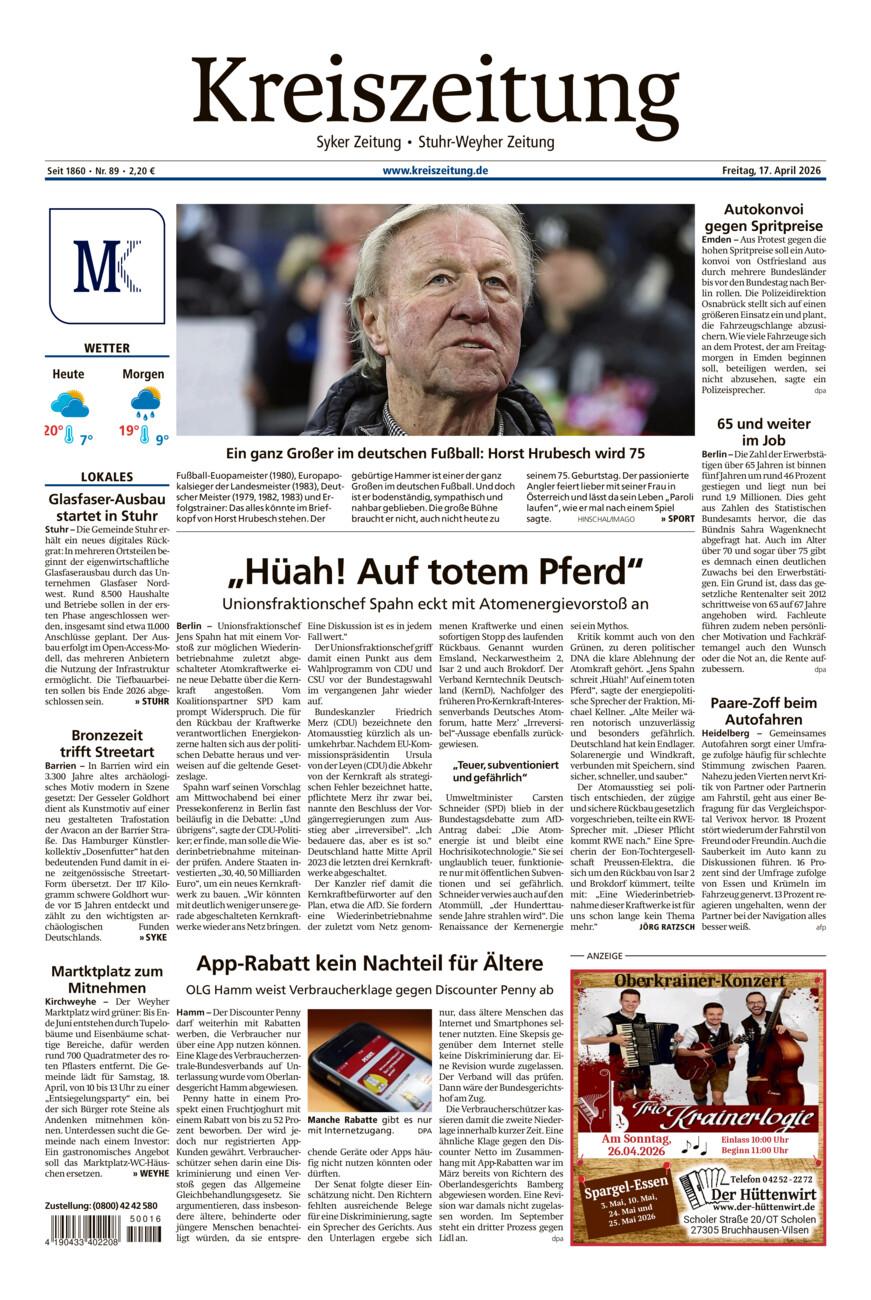 Kreiszeitung Syke/Weyhe/Stuhr vom Freitag, 17.04.2026