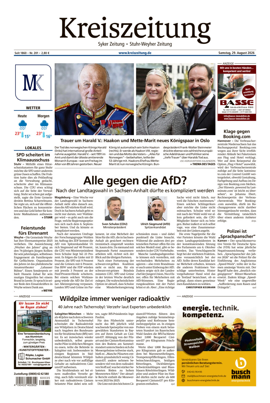 Kreiszeitung Syke/Weyhe/Stuhr vom Samstag, 29.08.2026