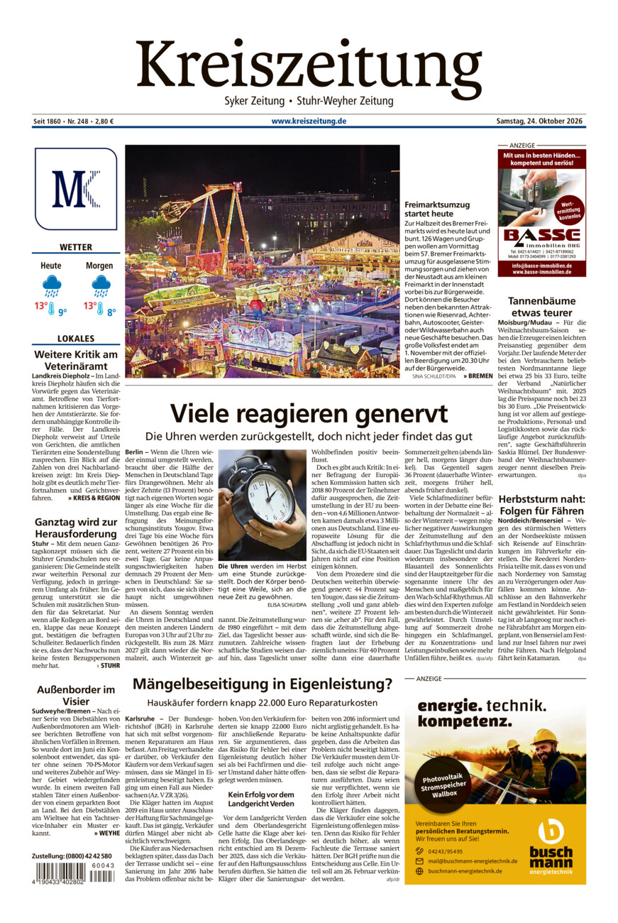 Kreiszeitung Syke/Weyhe/Stuhr vom Samstag, 24.10.2026