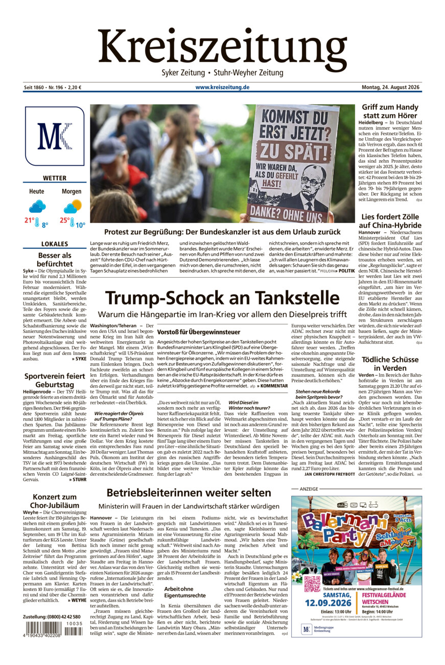 Kreiszeitung Syke/Weyhe/Stuhr vom Montag, 24.08.2026