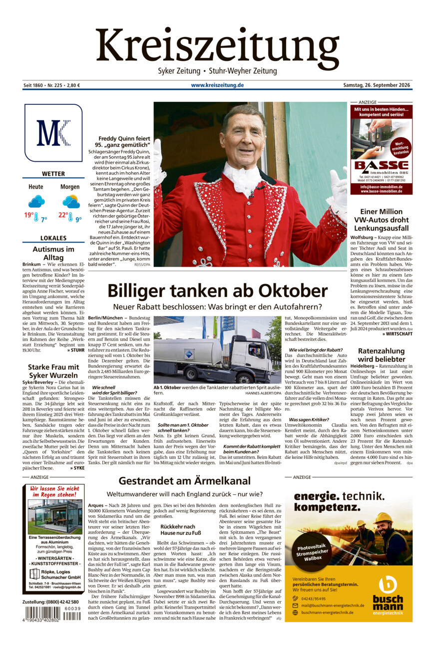 Kreiszeitung Syke/Weyhe/Stuhr vom Samstag, 26.09.2026