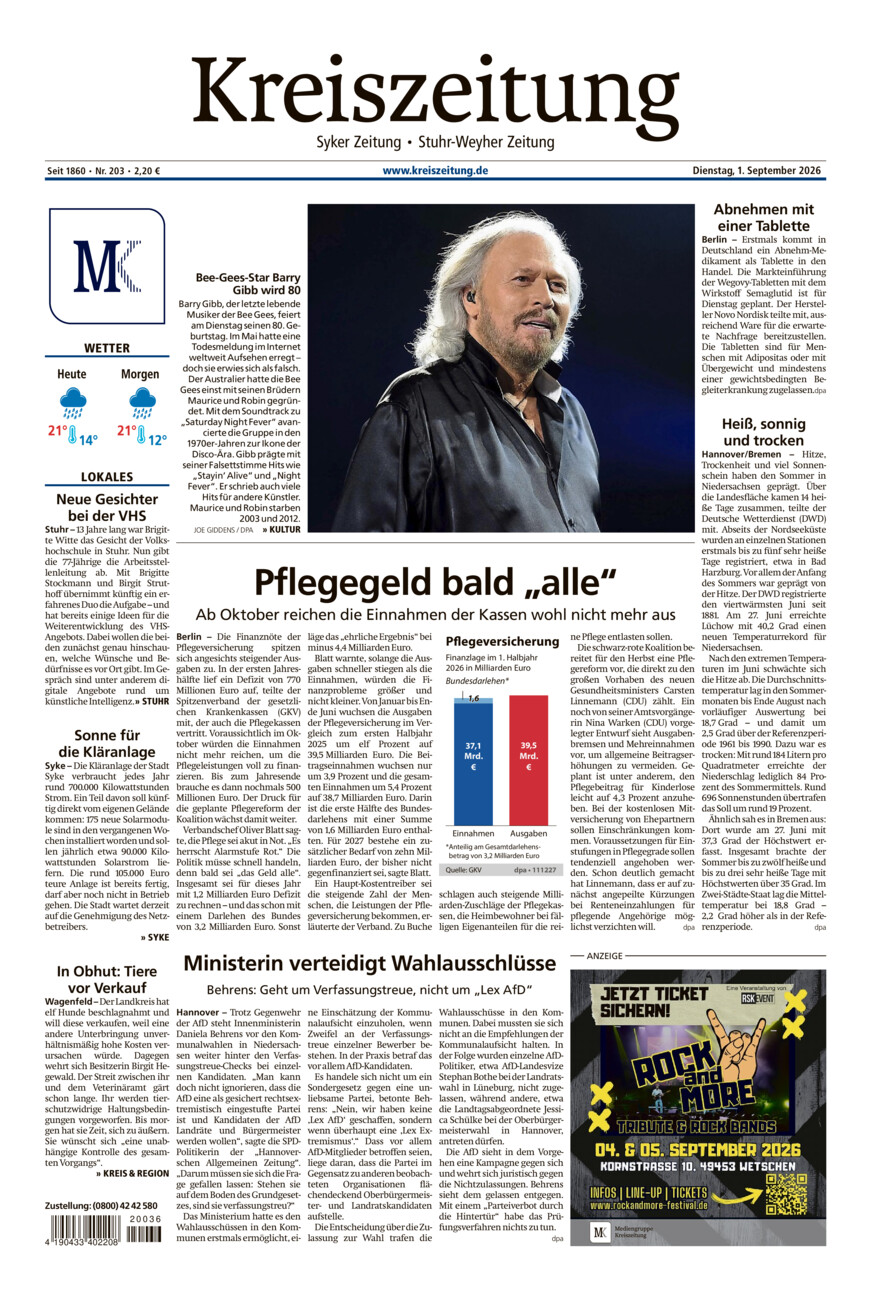 Kreiszeitung Syke/Weyhe/Stuhr vom Dienstag, 01.09.2026