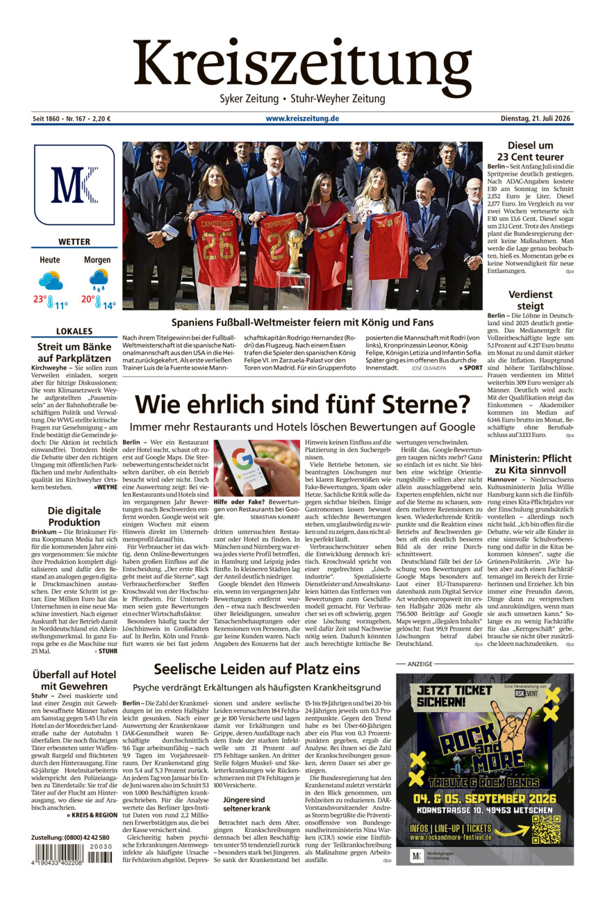 Kreiszeitung Syke/Weyhe/Stuhr vom Dienstag, 21.07.2026