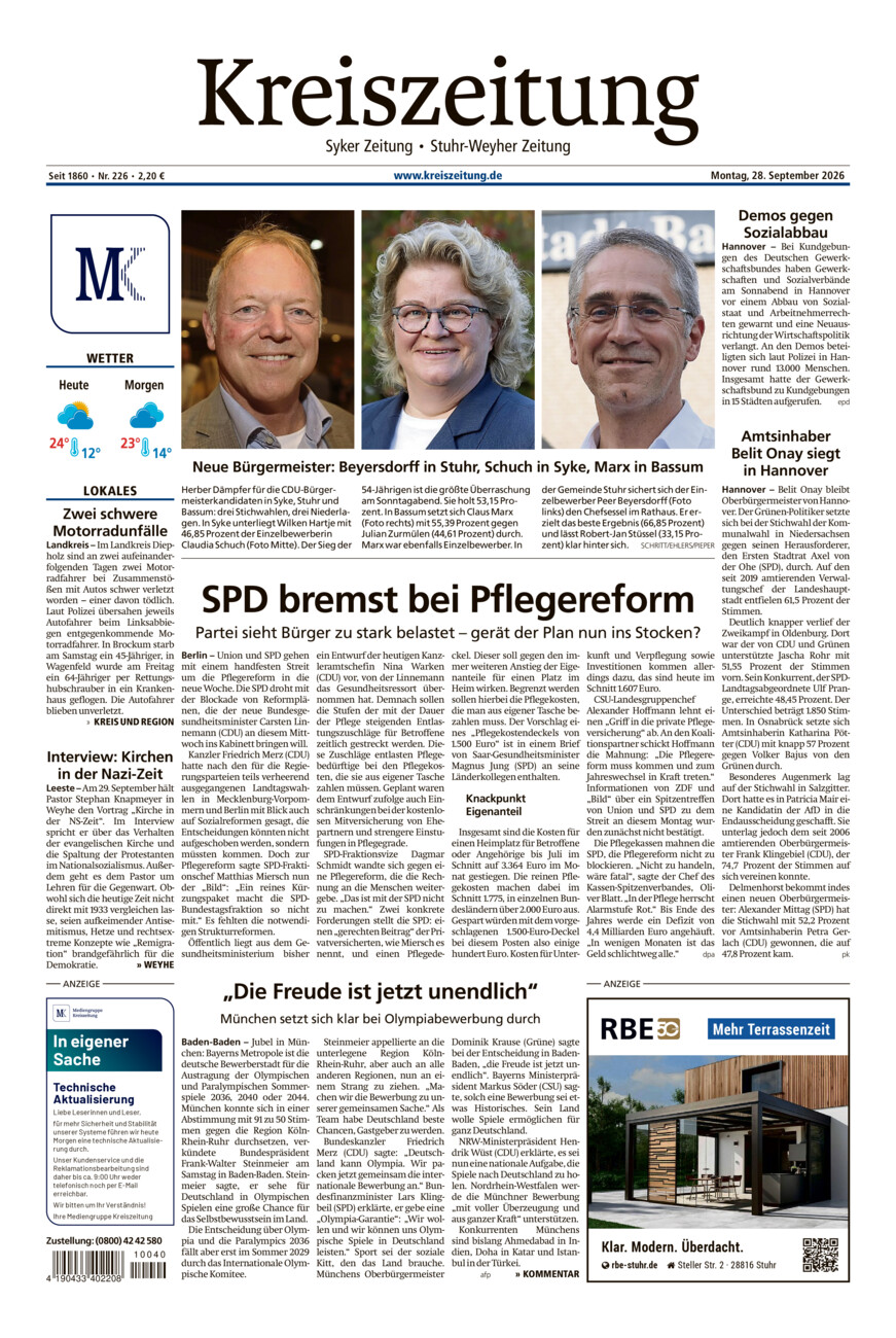 Kreiszeitung Syke/Weyhe/Stuhr vom Montag, 28.09.2026