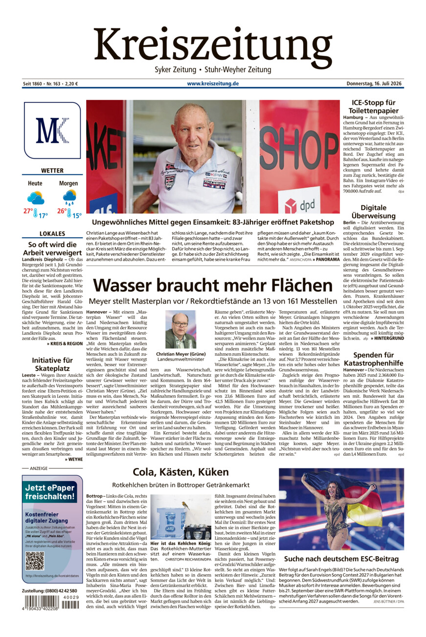 Kreiszeitung Syke/Weyhe/Stuhr vom Donnerstag, 16.07.2026