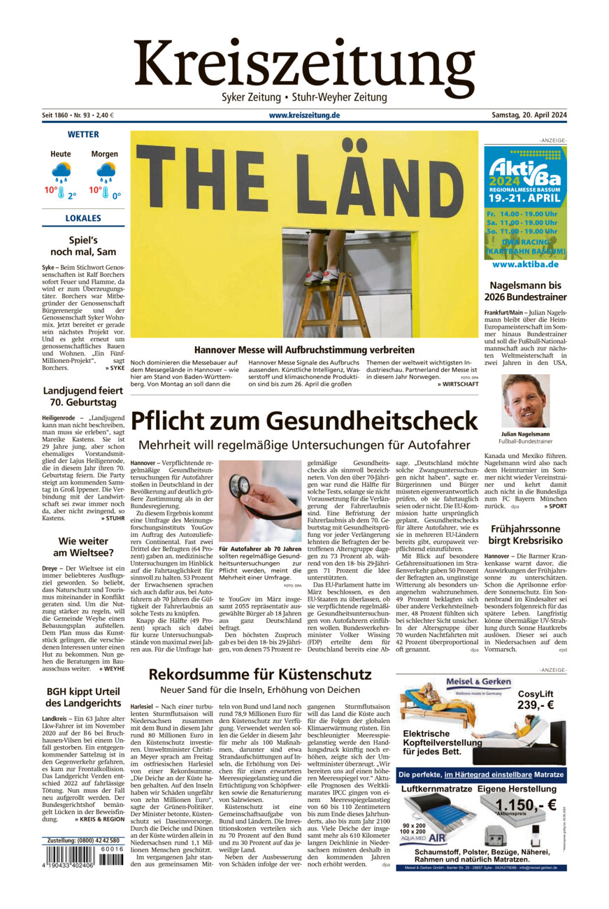 Kreiszeitung Syke/Weyhe/Stuhr vom Samstag, 20.04.2024