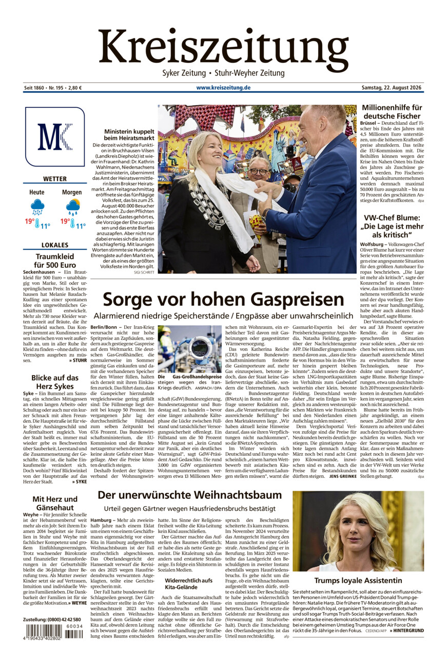 Kreiszeitung Syke/Weyhe/Stuhr vom Samstag, 22.08.2026