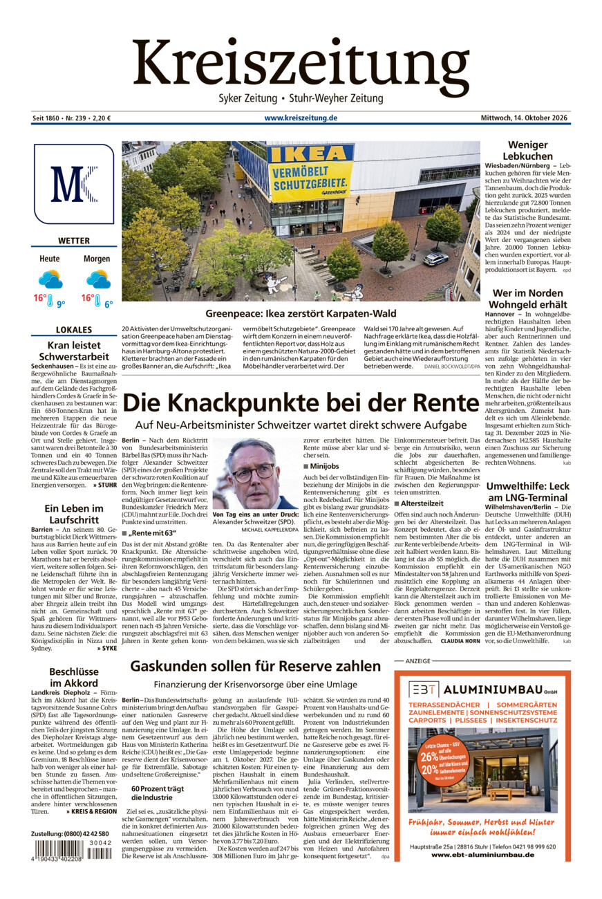 Kreiszeitung Syke/Weyhe/Stuhr vom Mittwoch, 14.10.2026