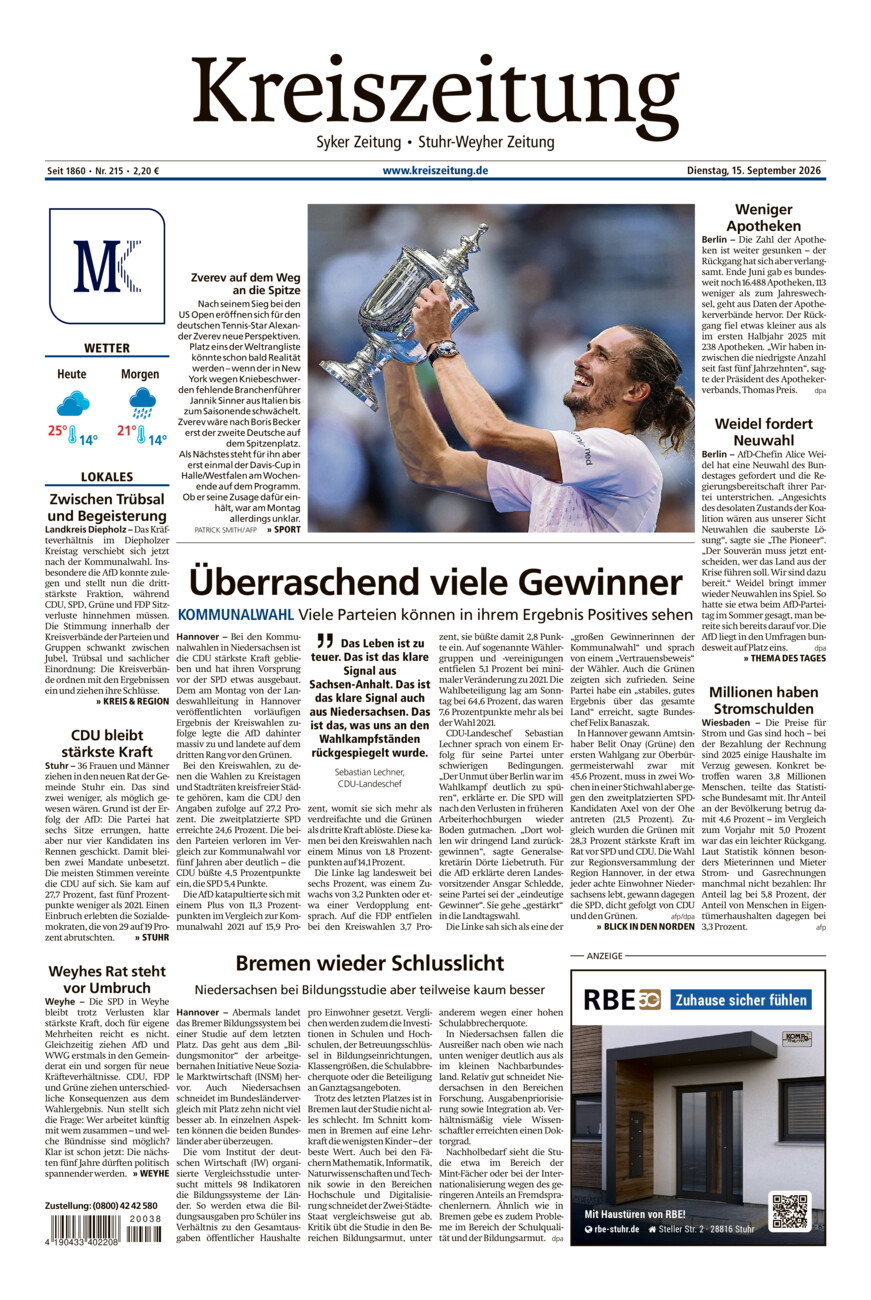 Kreiszeitung Syke/Weyhe/Stuhr vom Dienstag, 15.09.2026