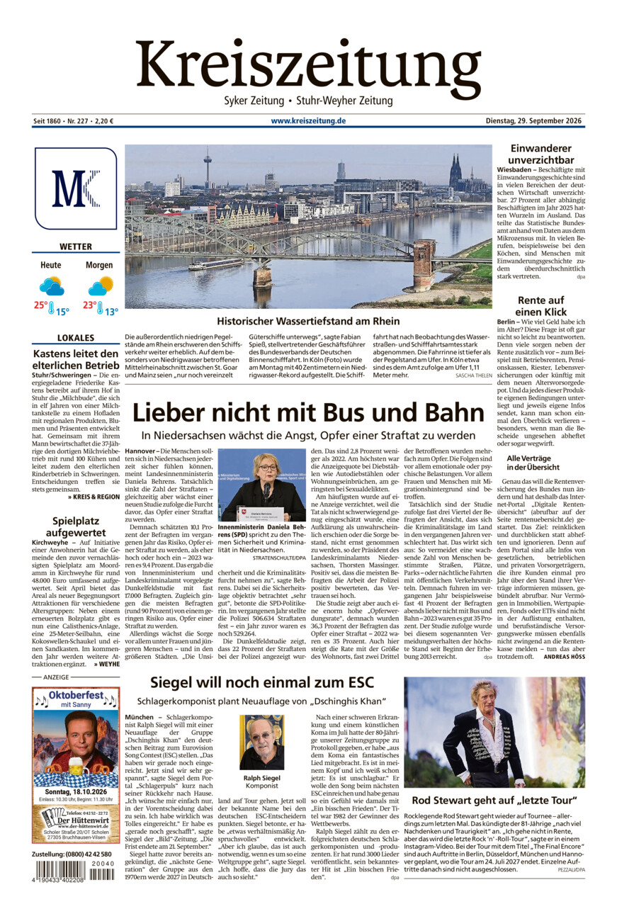 Kreiszeitung Syke/Weyhe/Stuhr vom Dienstag, 29.09.2026