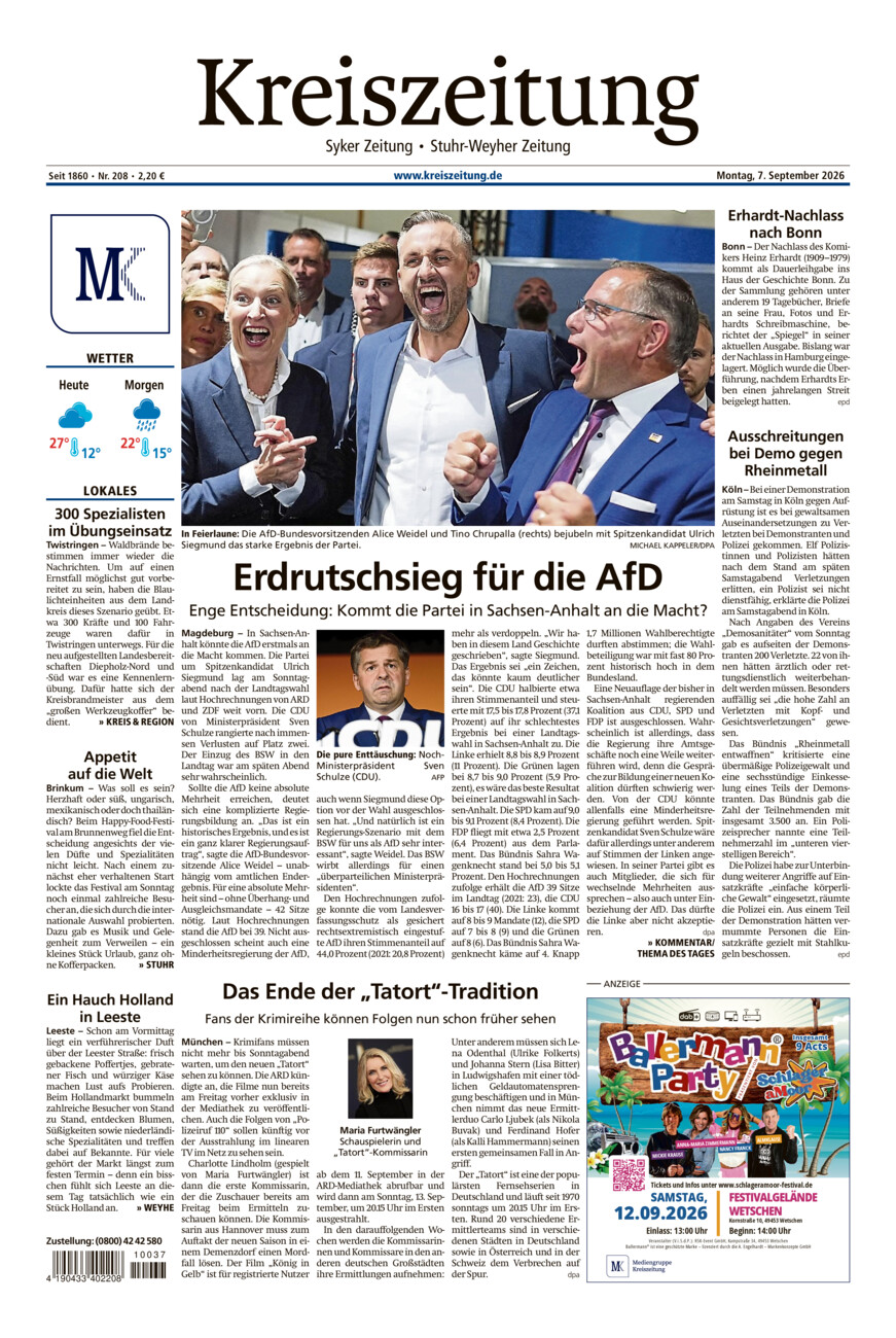 Kreiszeitung Syke/Weyhe/Stuhr vom Montag, 07.09.2026