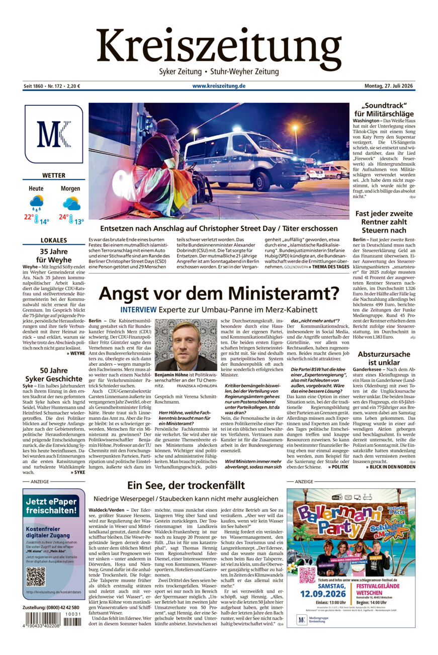 Kreiszeitung Syke/Weyhe/Stuhr vom Montag, 27.07.2026