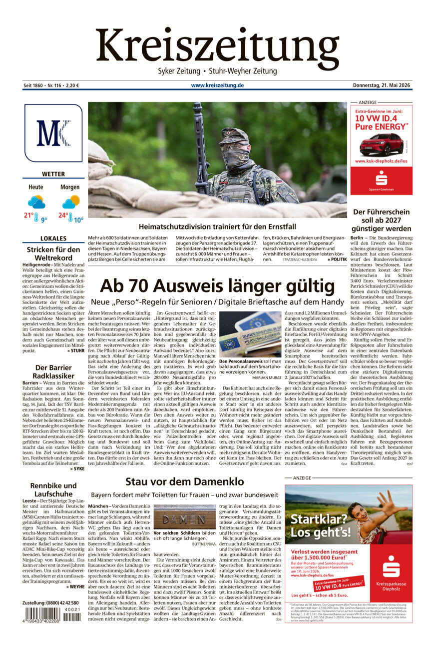 Kreiszeitung Syke/Weyhe/Stuhr vom Donnerstag, 21.05.2026