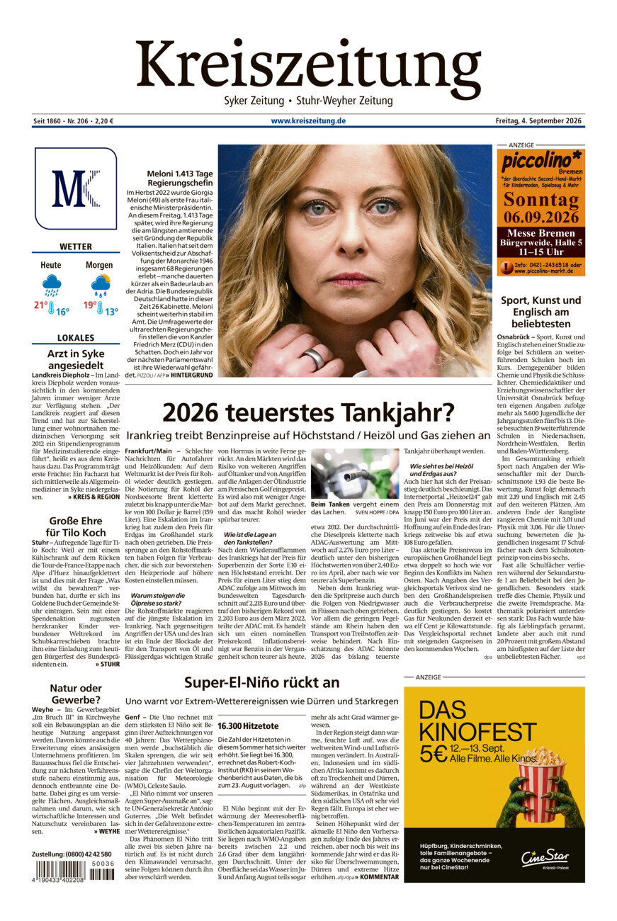 Kreiszeitung Syke/Weyhe/Stuhr vom Freitag, 04.09.2026