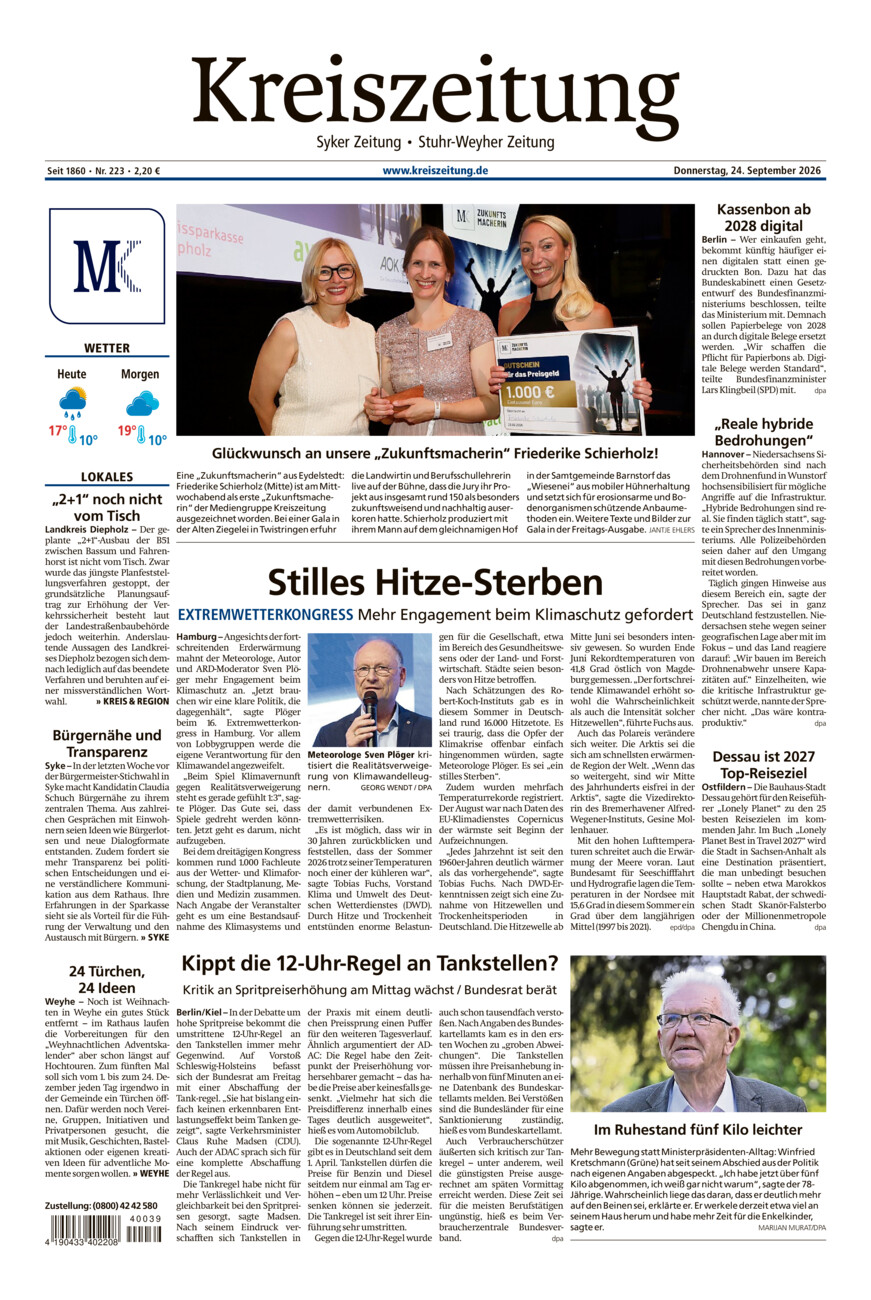Kreiszeitung Syke/Weyhe/Stuhr vom Donnerstag, 24.09.2026