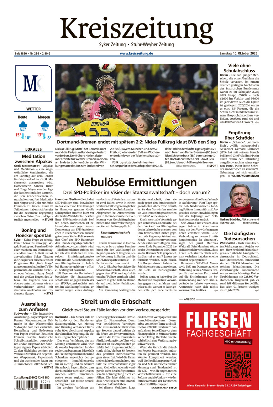 Kreiszeitung Syke/Weyhe/Stuhr vom Samstag, 10.10.2026
