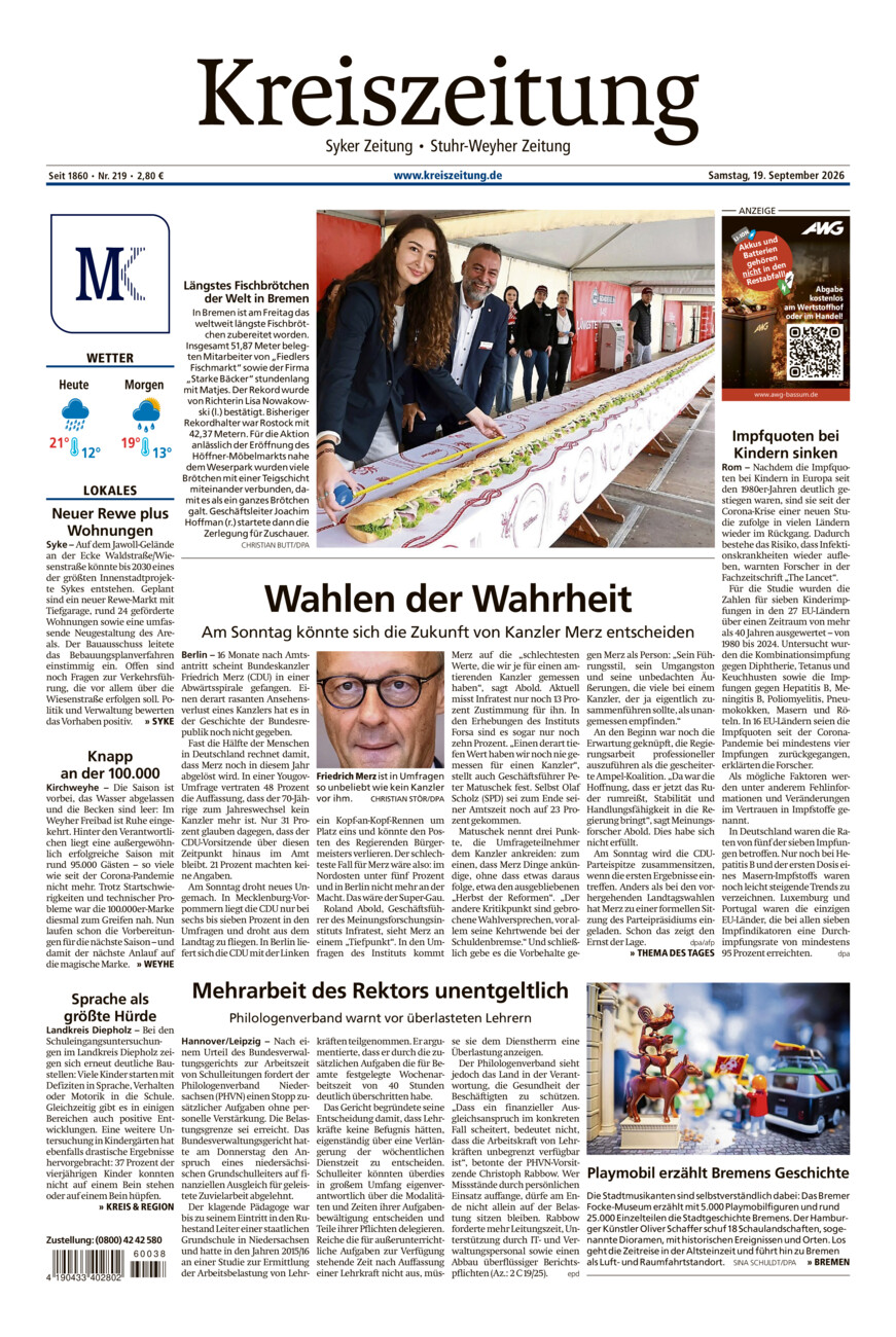 Kreiszeitung Syke/Weyhe/Stuhr vom Samstag, 19.09.2026