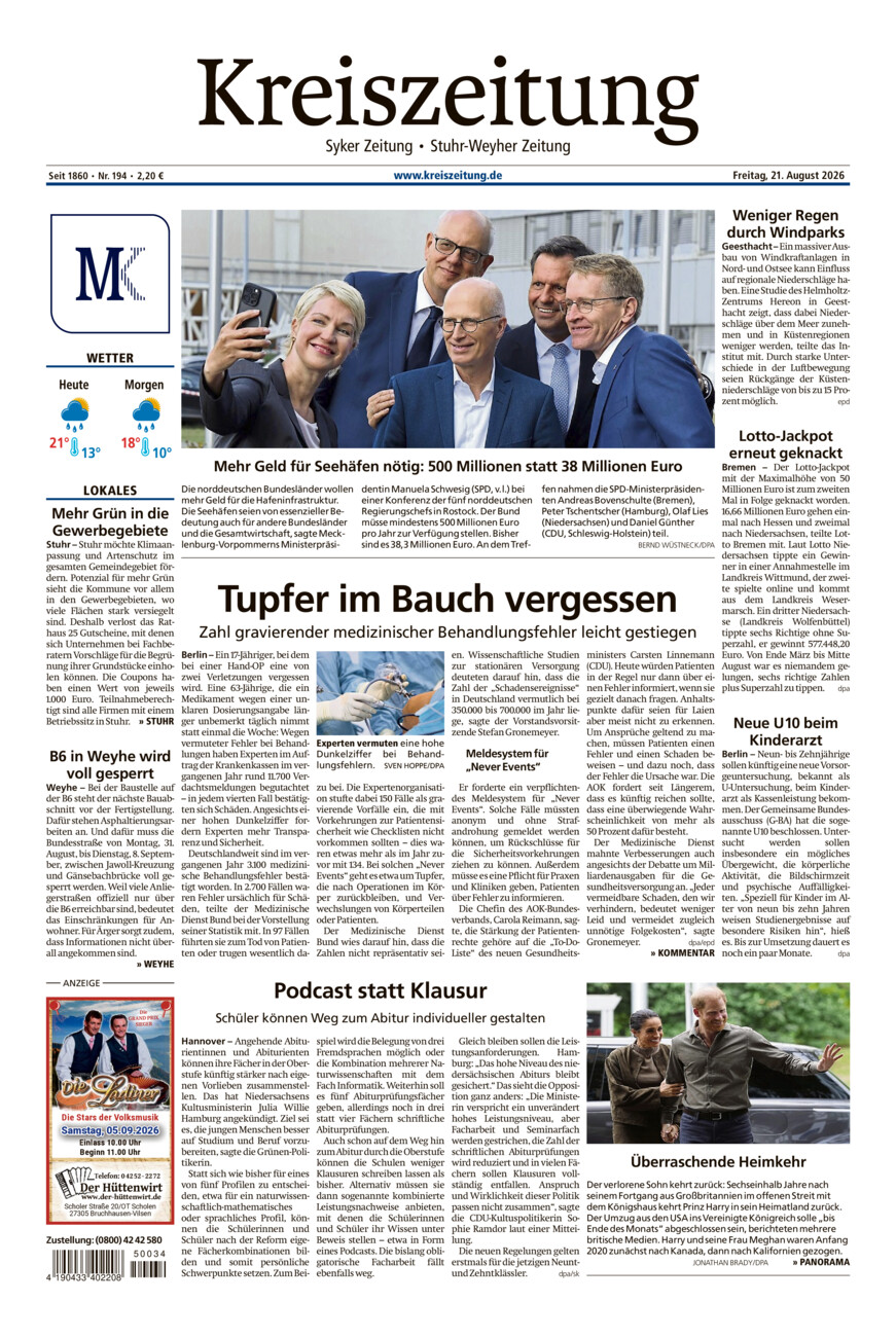 Kreiszeitung Syke/Weyhe/Stuhr vom Freitag, 21.08.2026