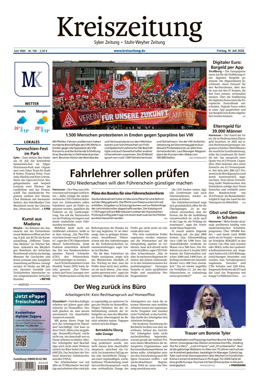 Kreiszeitung Syke/Weyhe/Stuhr vom Freitag, 10.07.2026