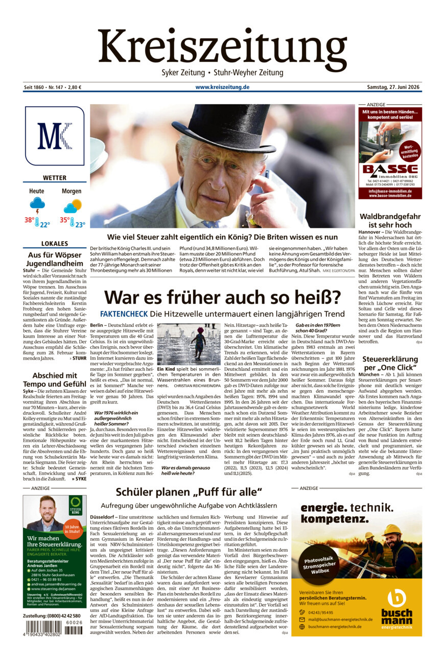 Kreiszeitung Syke/Weyhe/Stuhr vom Samstag, 27.06.2026