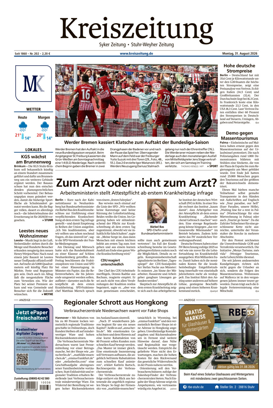 Kreiszeitung Syke/Weyhe/Stuhr vom Montag, 31.08.2026